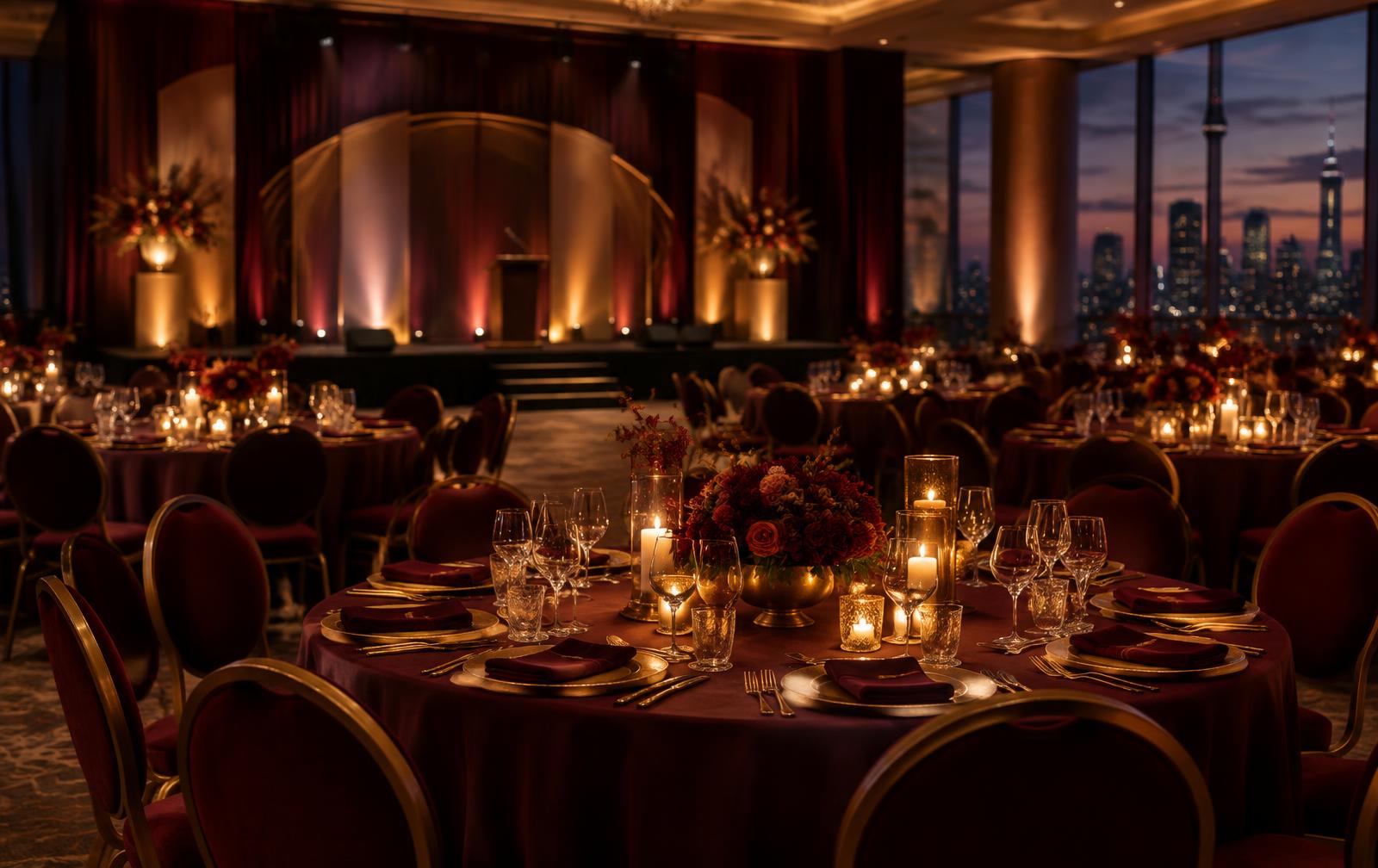 Formal gala dinner venue set with burgundy linen and candlelight before guests arrive