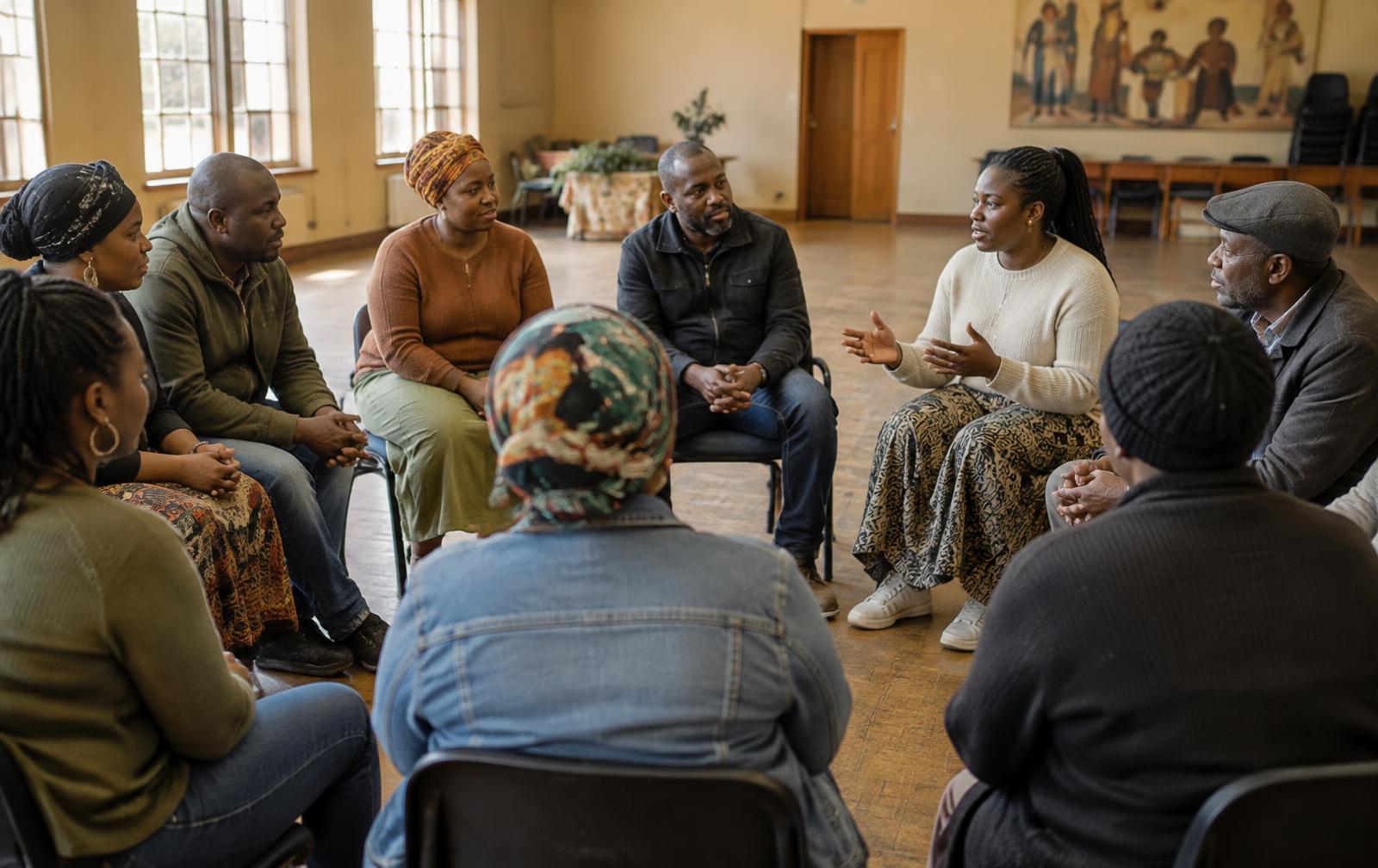 Community organisation workshop in an urban South African hall, participants in open discussion
