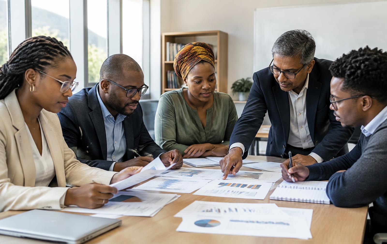 South African researchers reviewing printed data charts in a seminar room